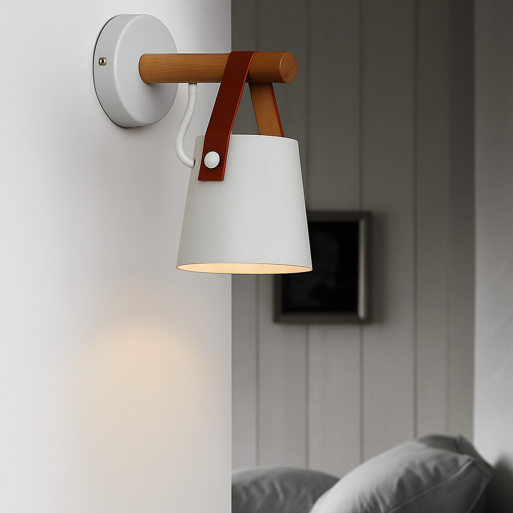 Wandlampe aus Holz mit hängendem Schirm