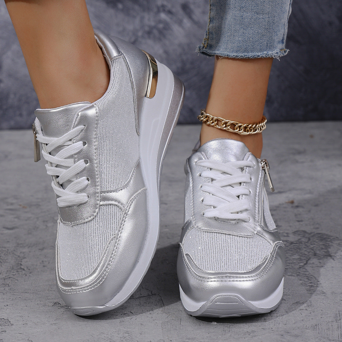 Metallische Sneakers mit Erhöhter Sohle - Silber, Gold - Komfort & Stil