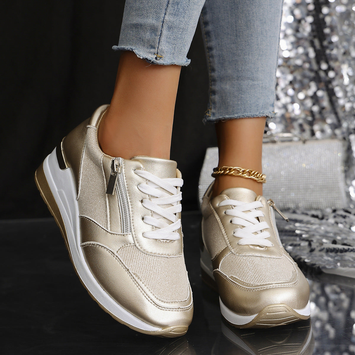 Metallische Sneakers mit Erhöhter Sohle - Silber, Gold - Komfort & Stil