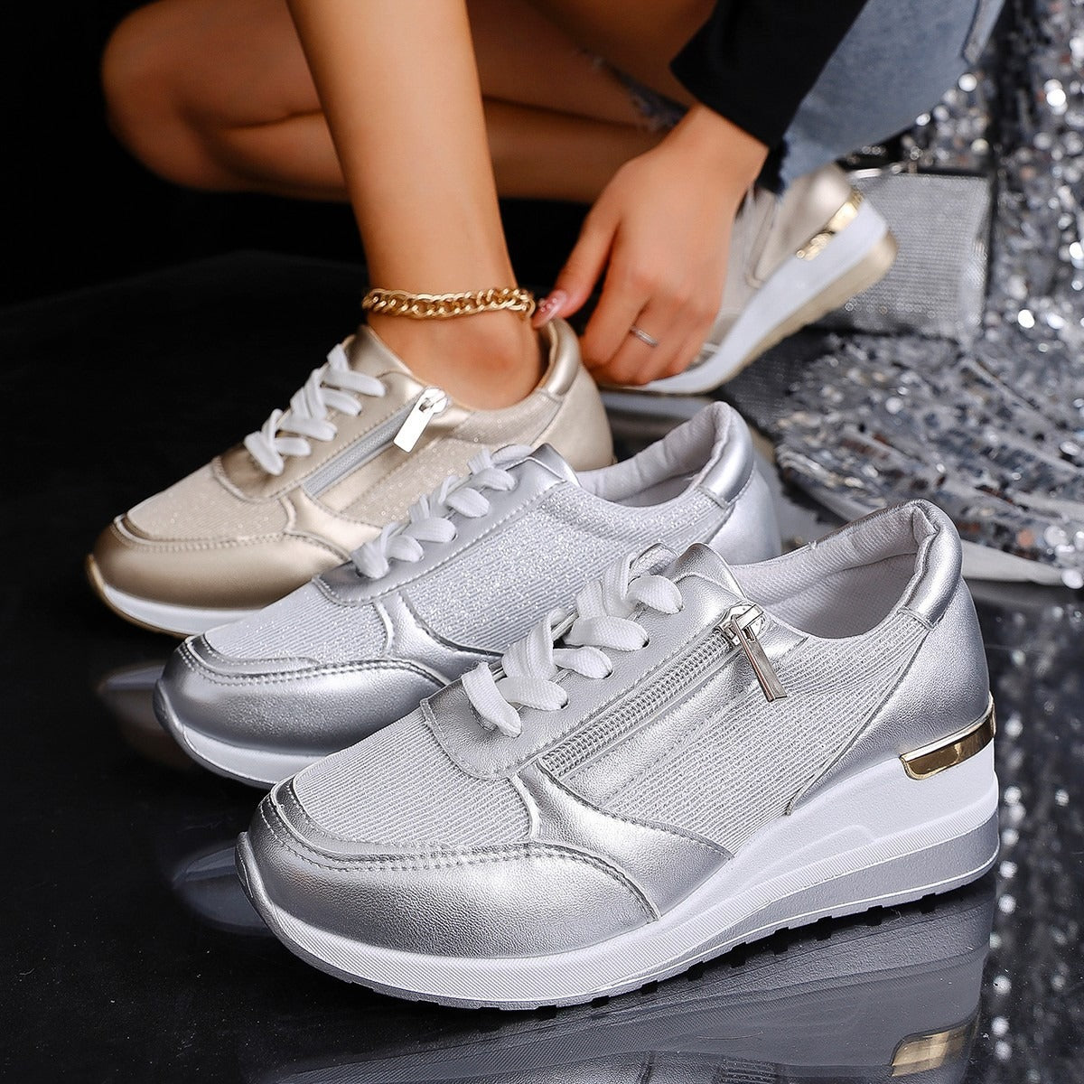Metallische Sneakers mit Erhöhter Sohle - Silber, Gold - Komfort & Stil