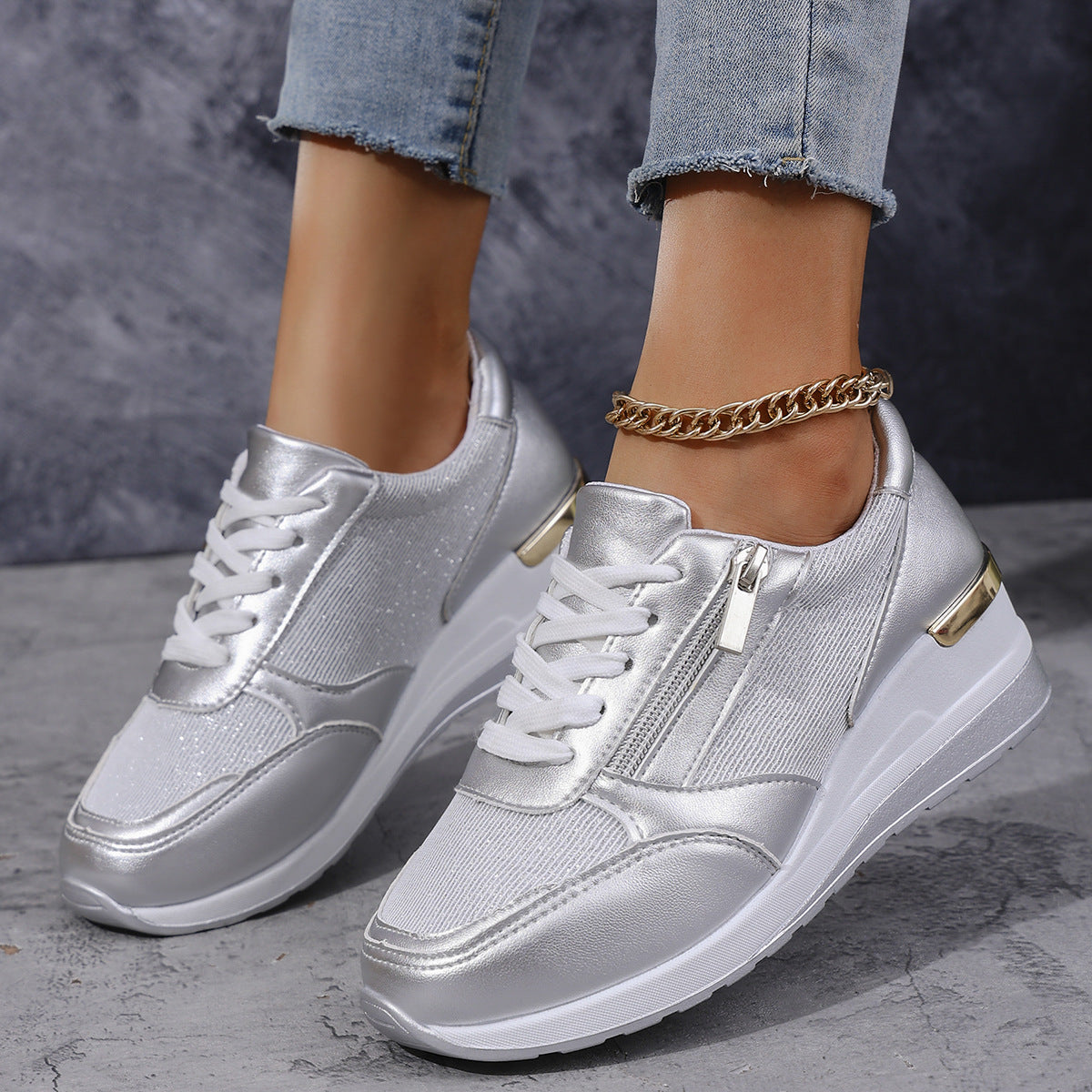 Metallische Sneakers mit Erhöhter Sohle - Silber, Gold - Komfort & Stil