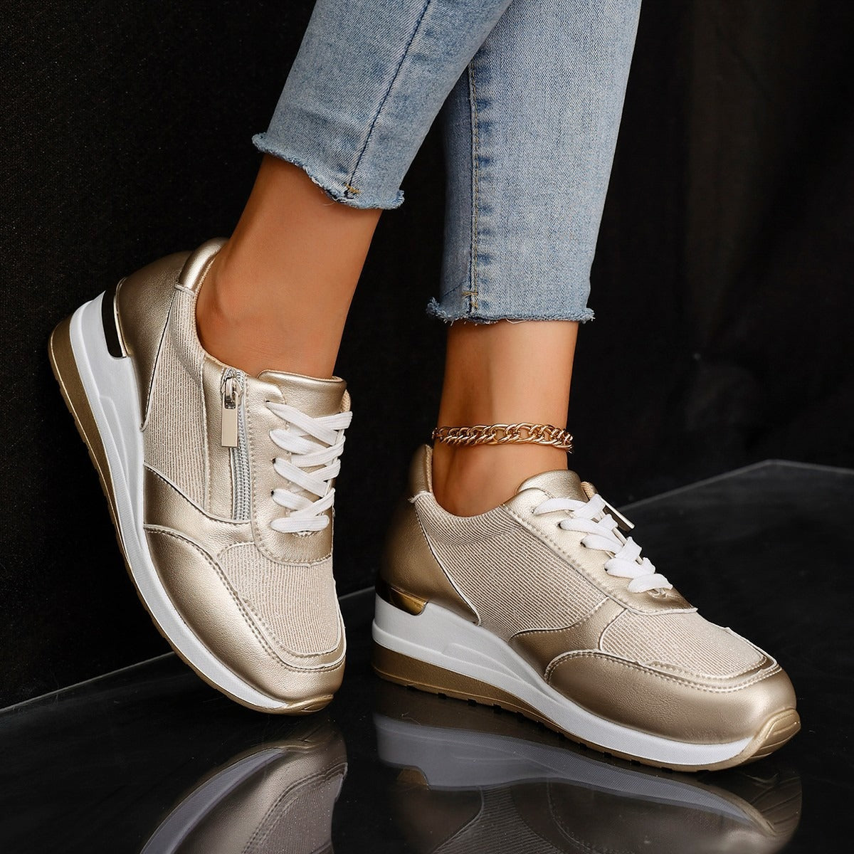 Metallische Sneakers mit Erhöhter Sohle - Silber, Gold - Komfort & Stil