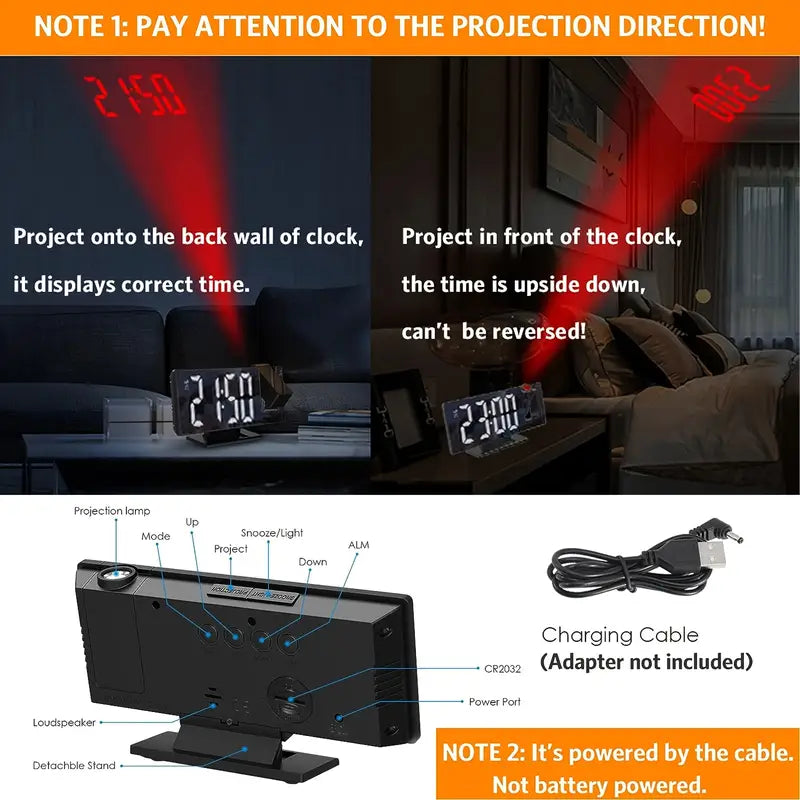 180° Verstellbare LED Projektionswecker – Schlummerfunktion, 12/24H Zeit- & Temperaturanzeige, Spiegel-Design – USB betrieben, Nachtmodus & Speicherfunktion