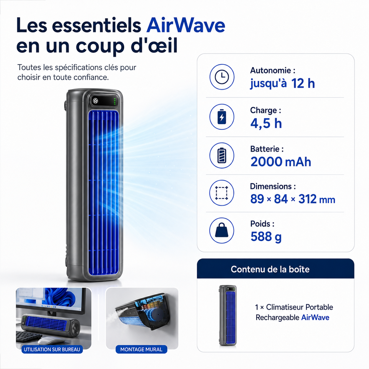 AirWave – Tragbare wiederaufladbare Klimaanlage mit 12 Stunden Akkulaufzeit