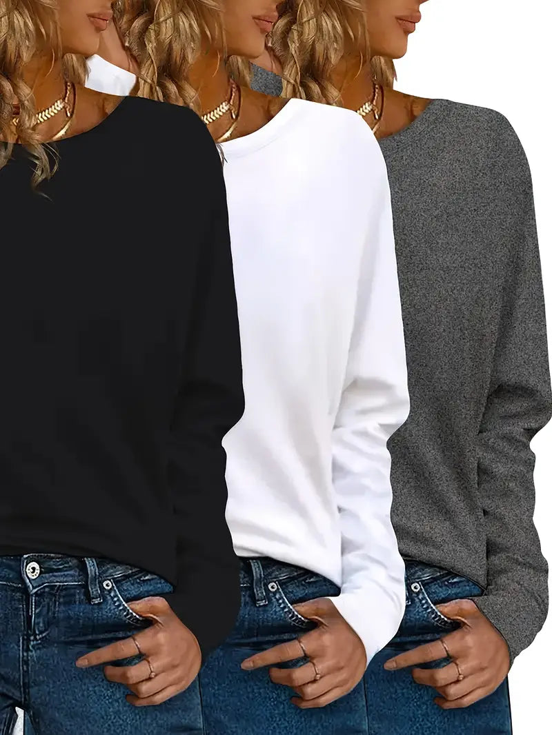 3-teiliges Set Casual T-Shirts mit langen Ärmeln, Rundhalsausschnitt, einfarbig, aus Polyester-Strick, Regular Fit, für Frühling und Herbst