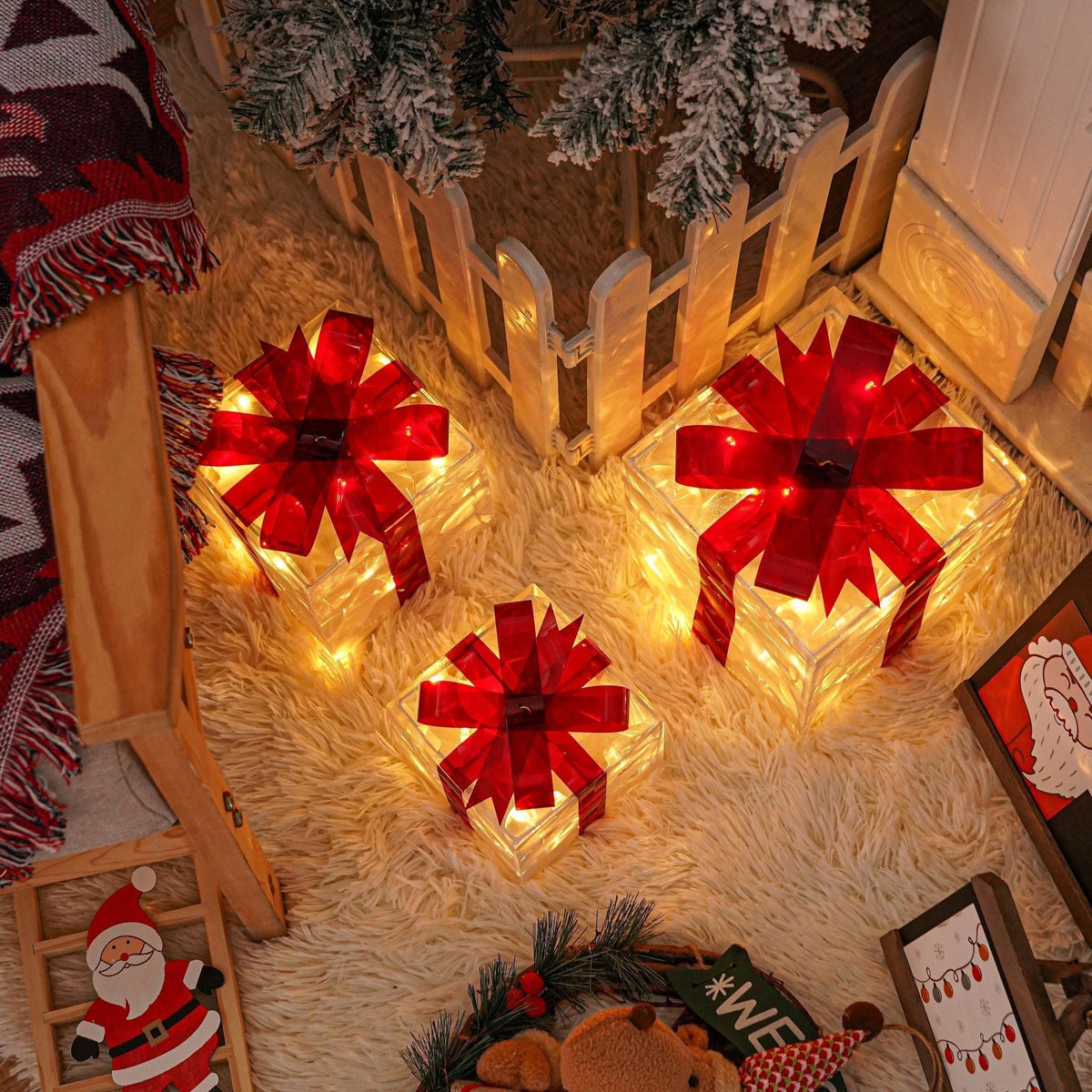 LED Weihnachtsgeschenkbeleuchtung – Set aus 3 beleuchteten Geschenkboxen für Innen & Außen