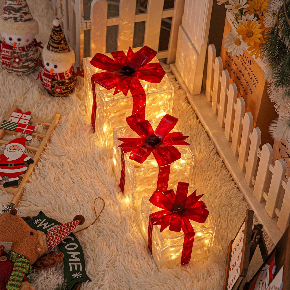 LED Weihnachtsgeschenkbeleuchtung – Set aus 3 beleuchteten Geschenkboxen für Innen & Außen