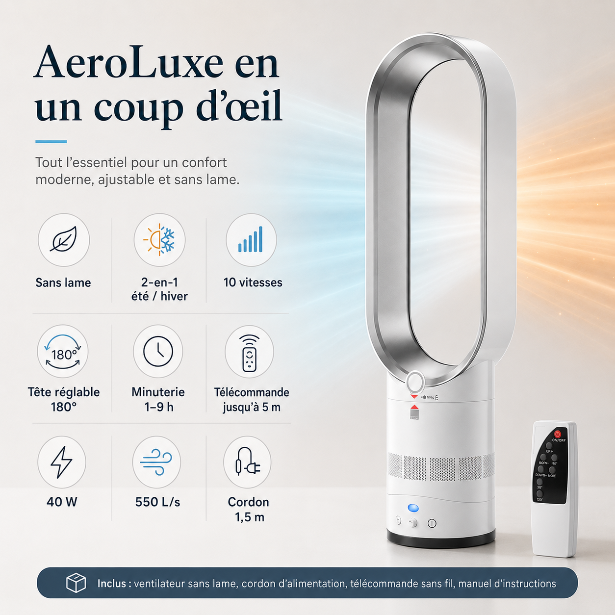 AeroLuxe Klingenloser Turm für Komfort das ganze Jahr über