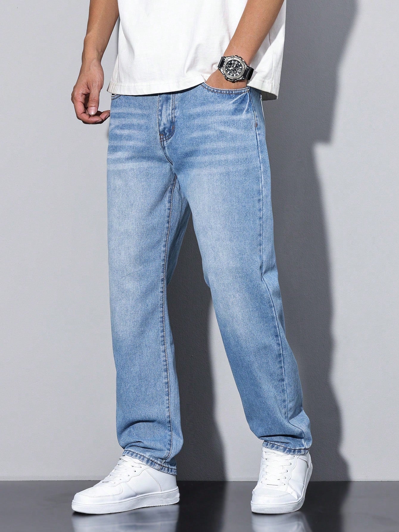 Jeans Einfarbig Casual Herren Lockere Passform Komfort