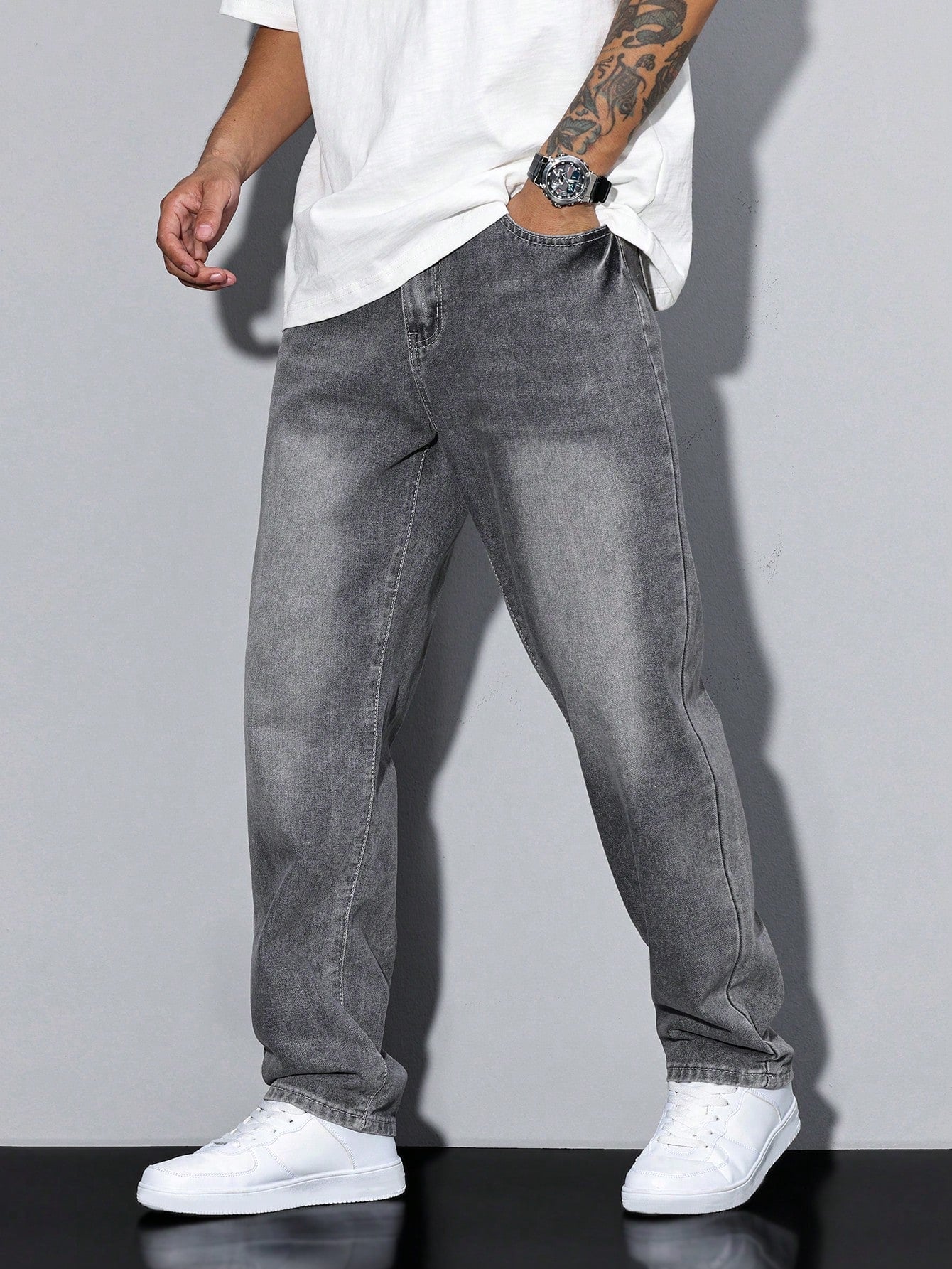 Jeans Einfarbig Casual Herren Lockere Passform Komfort