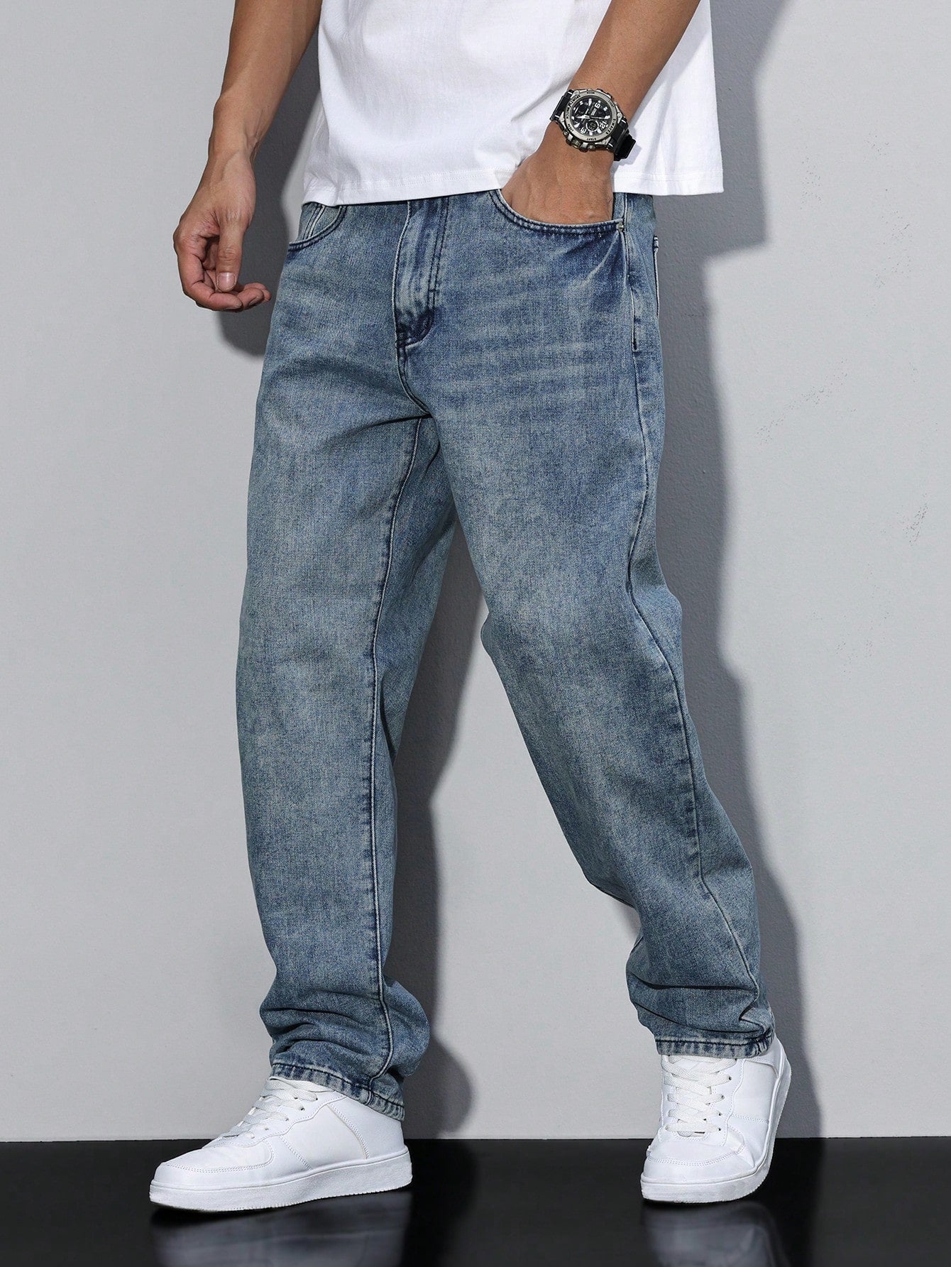 Jeans Einfarbig Casual Herren Lockere Passform Komfort