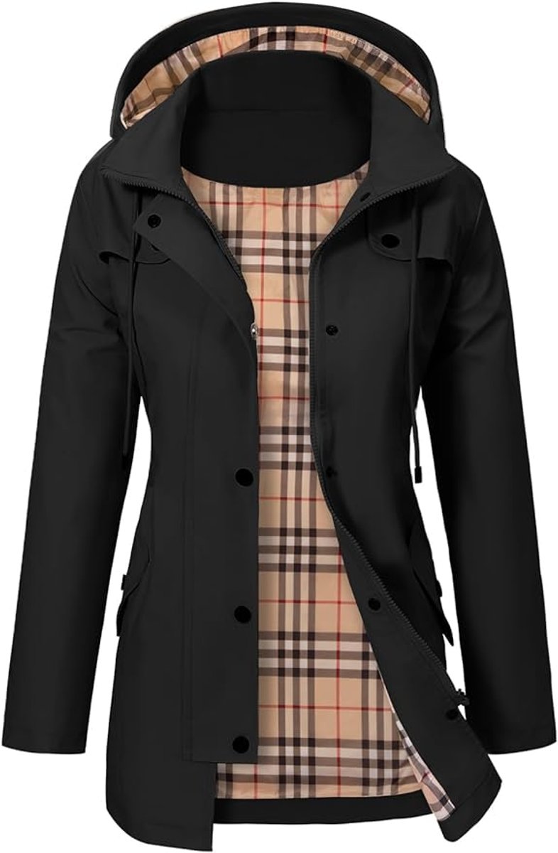 Damen Regenjacke mit Kapuze – Wasserdicht mit Karofleece-Futter