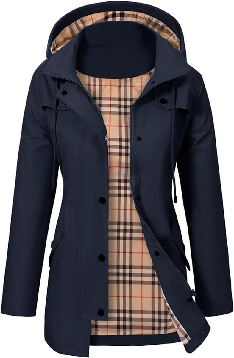 Damen Regenjacke mit Kapuze – Wasserdicht mit Karofleece-Futter