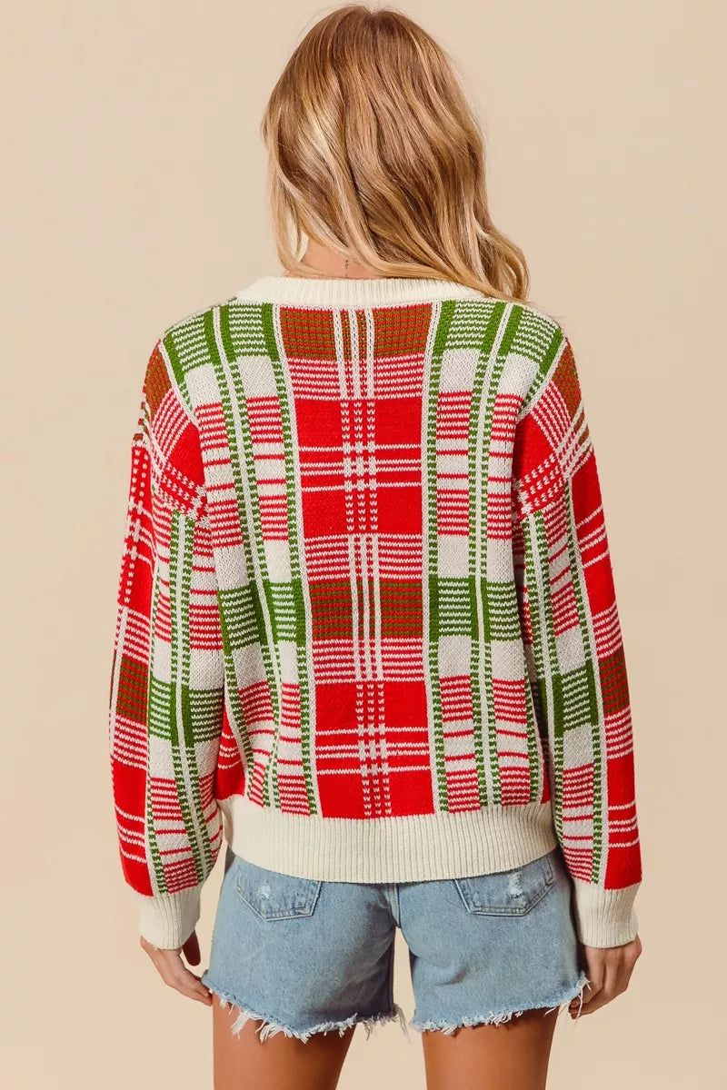 Rot & Grüner Weihnachts-Karierter Pullover mit Rundhalsausschnitt