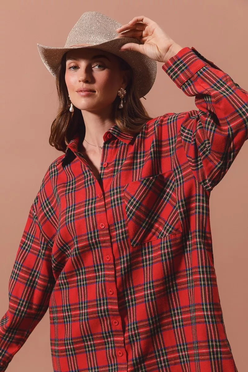 Rotes Weihnachts-Karomuster Button-Up Übergroßes Hemdblusenkleid