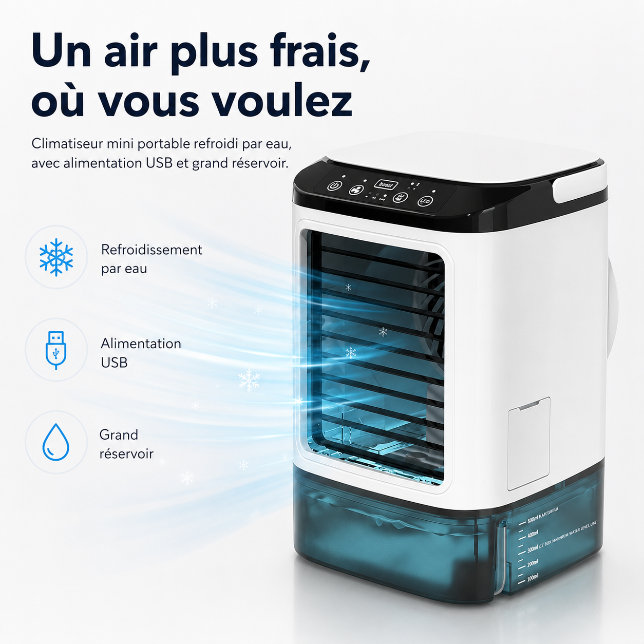 Tragbare Mini-Klimaanlage Wassergekühlt – USB-betrieben mit großem Reservoir