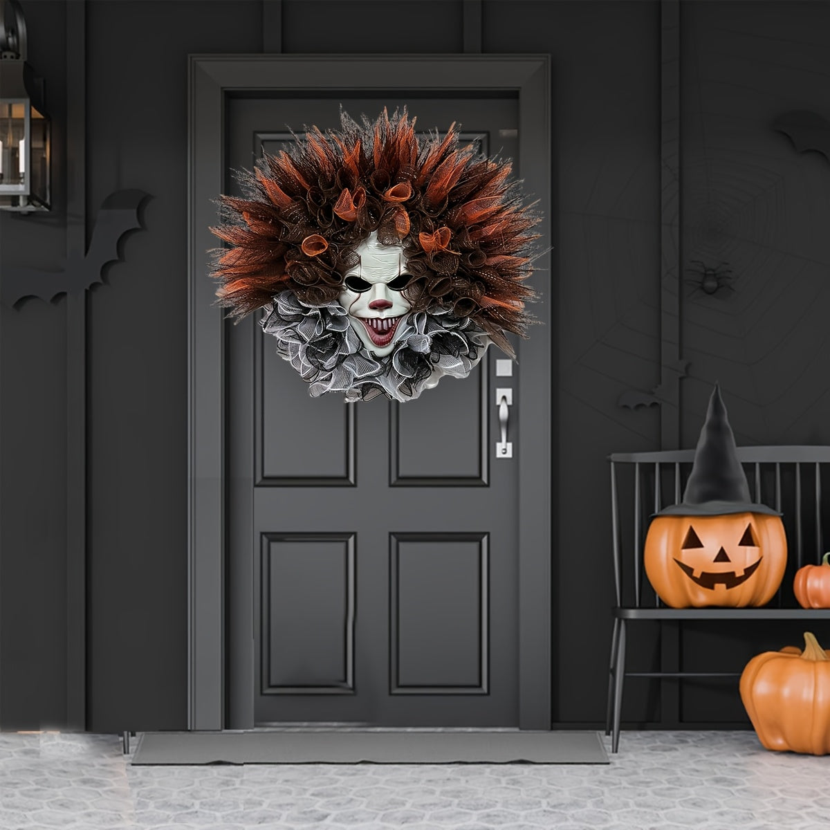 Halloween erschreckender Clown Mesh Kranz | Gruselige Türdekoration