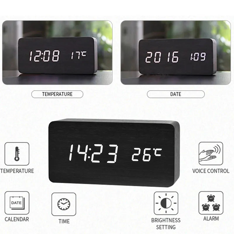 Holz LED Digitaler Wecker - Stilvoll mit Temperaturanzeige