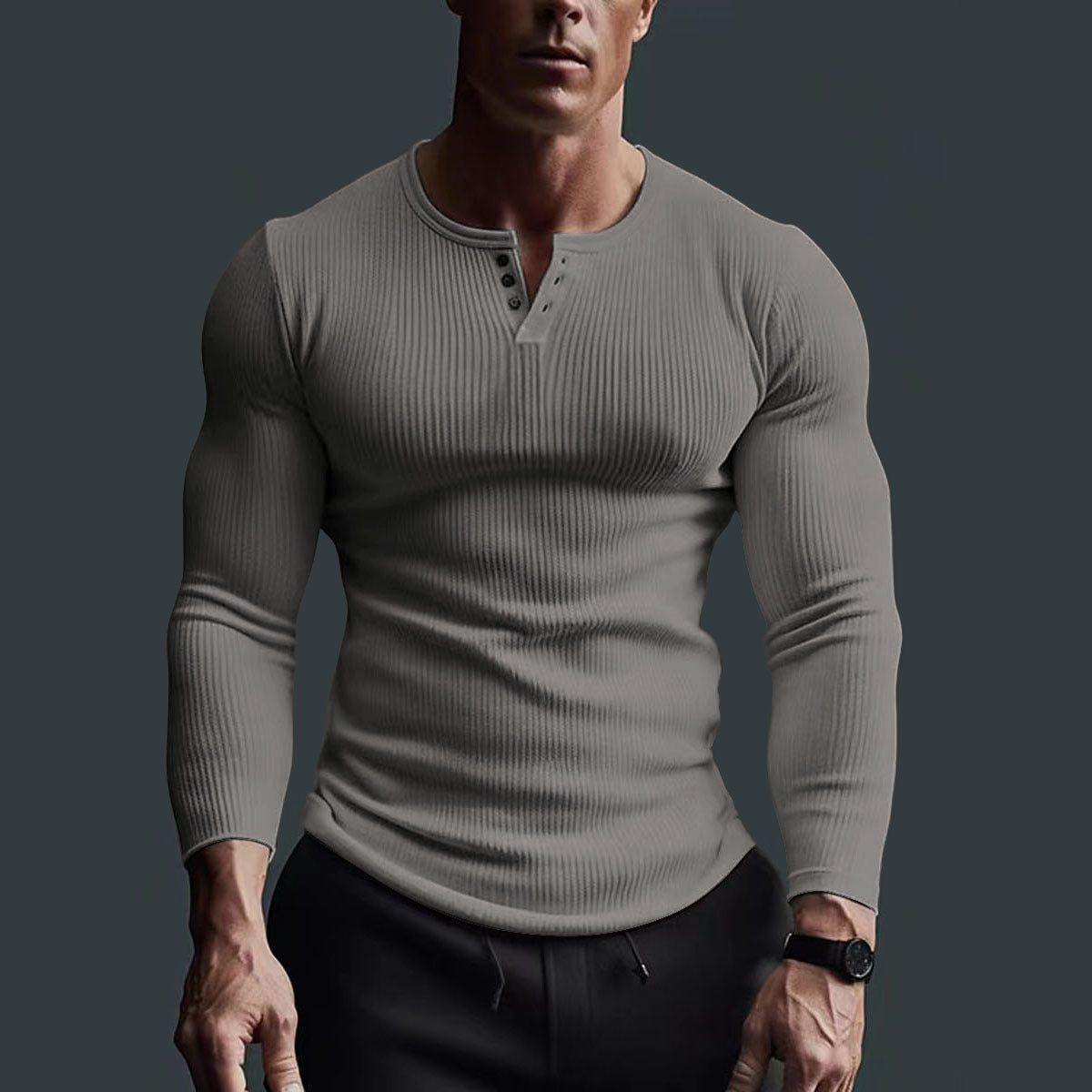 Gebreid Henley Herren Shirt – Komfortables Stretchshirt mit Halber Knopfleiste