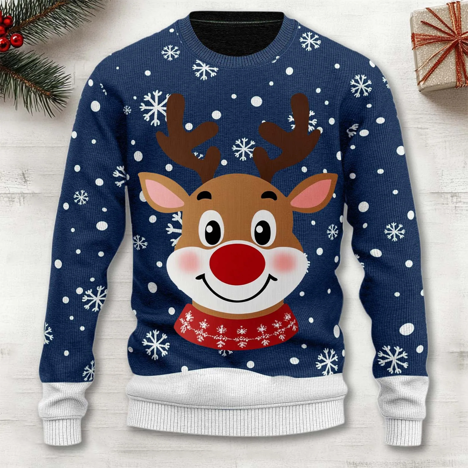 Herren Weihnachts Rentierpullover – Warmer Strickpullover mit Schneeflockenmuster