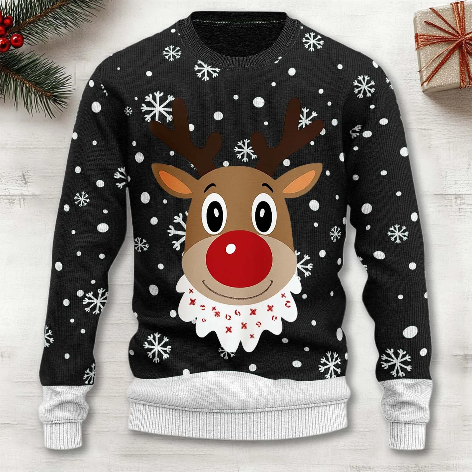 Herren Weihnachts Rentierpullover – Warmer Strickpullover mit Schneeflockenmuster