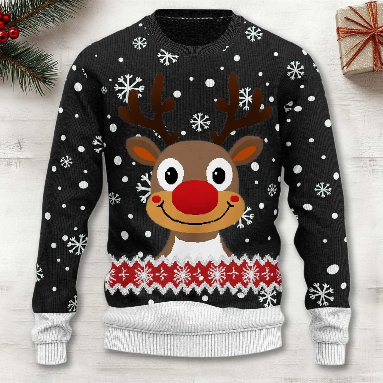 Herren Weihnachts Rentierpullover – Warmer Strickpullover mit Schneeflockenmuster