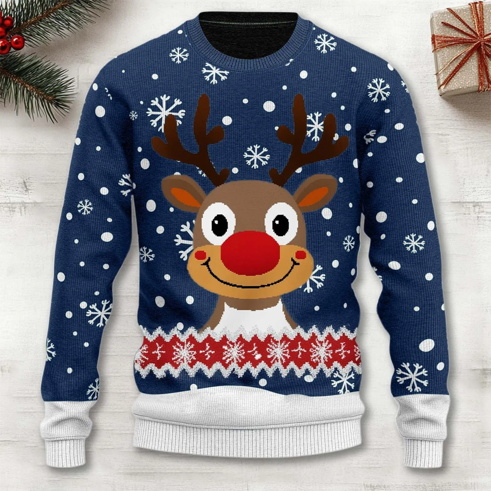 Herren Weihnachts Rentierpullover – Warmer Strickpullover mit Schneeflockenmuster