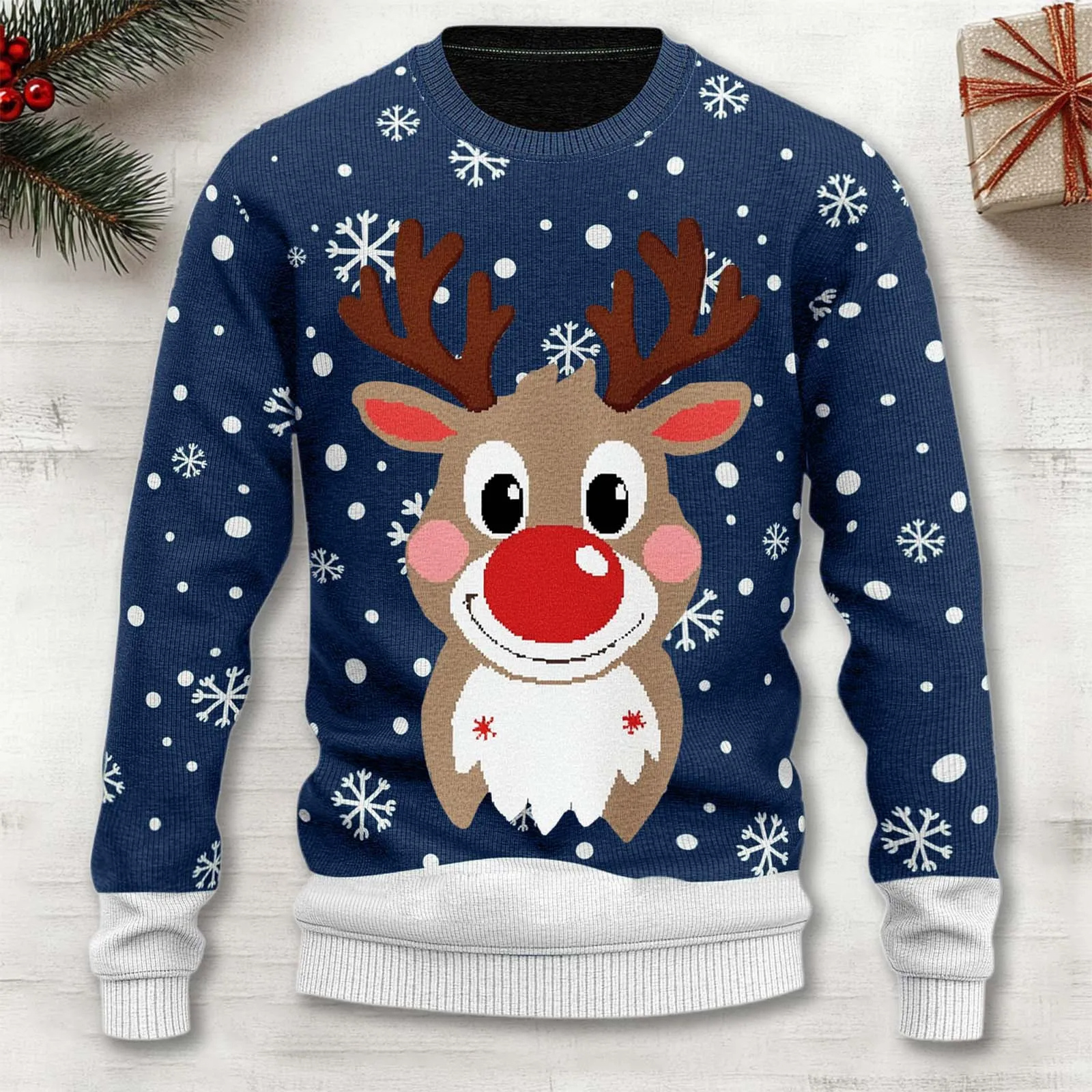 Herren Weihnachts Rentierpullover – Warmer Strickpullover mit Schneeflockenmuster