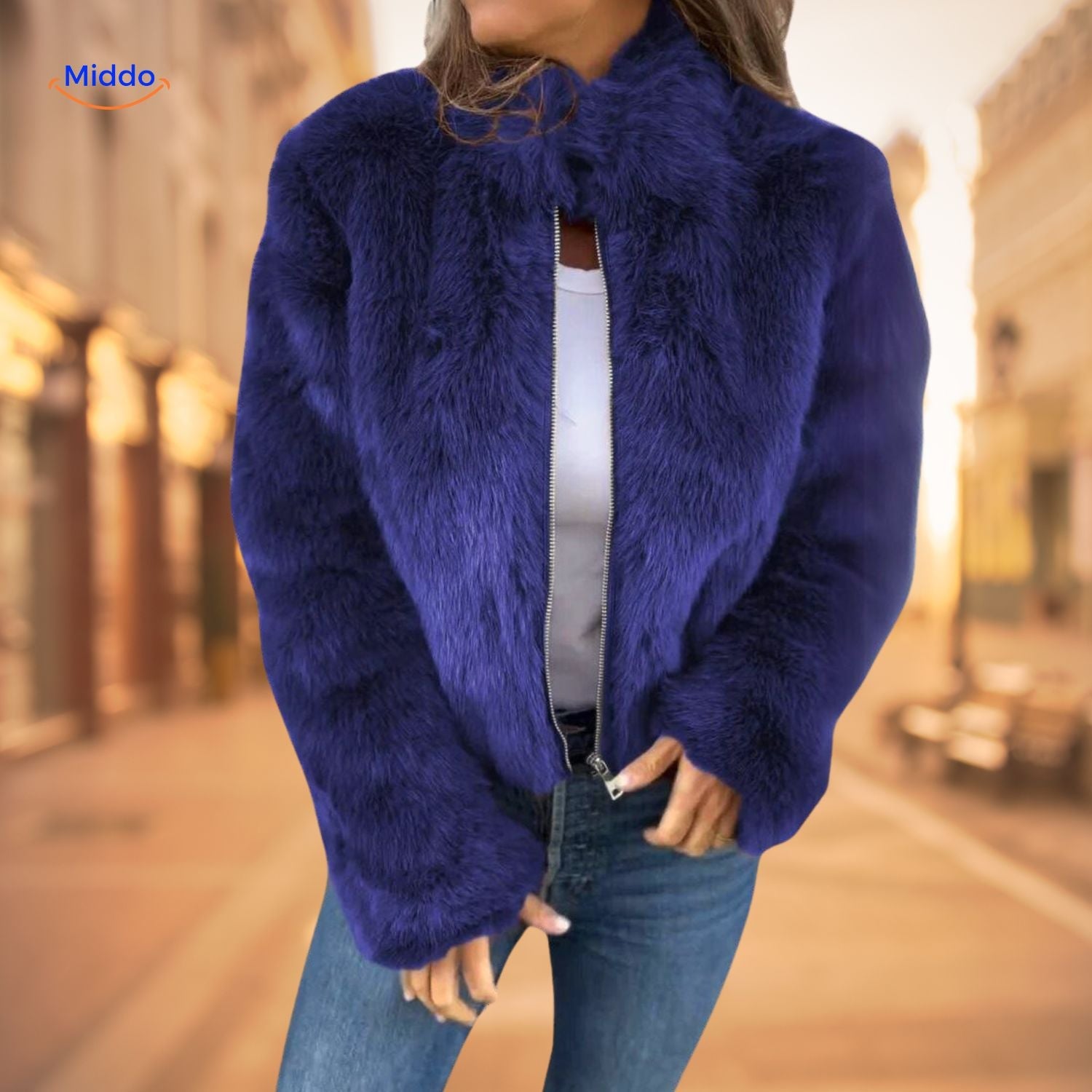 FurLux Elegante Jacke | Stilvoller Kunstpelz mit hohem Kragen für jeden Anlass