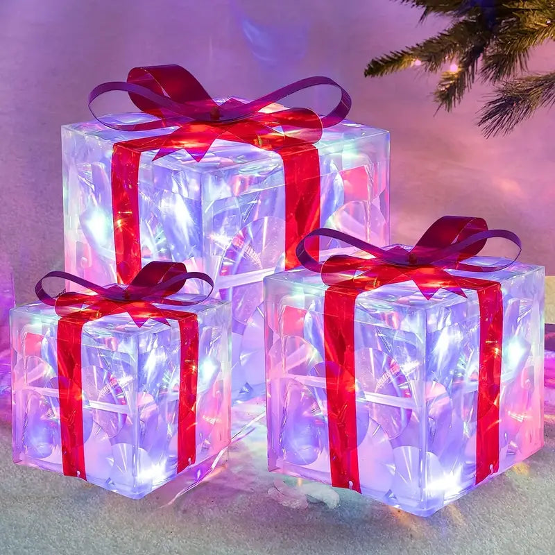 LED Weihnachtsgeschenkbeleuchtung – Set aus 3 beleuchteten Geschenkboxen für Innen & Außen