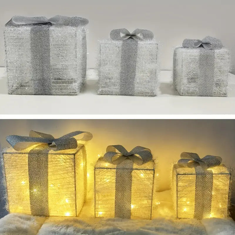 LED Weihnachtsgeschenkbeleuchtung – Set aus 3 beleuchteten Geschenkboxen für Innen & Außen