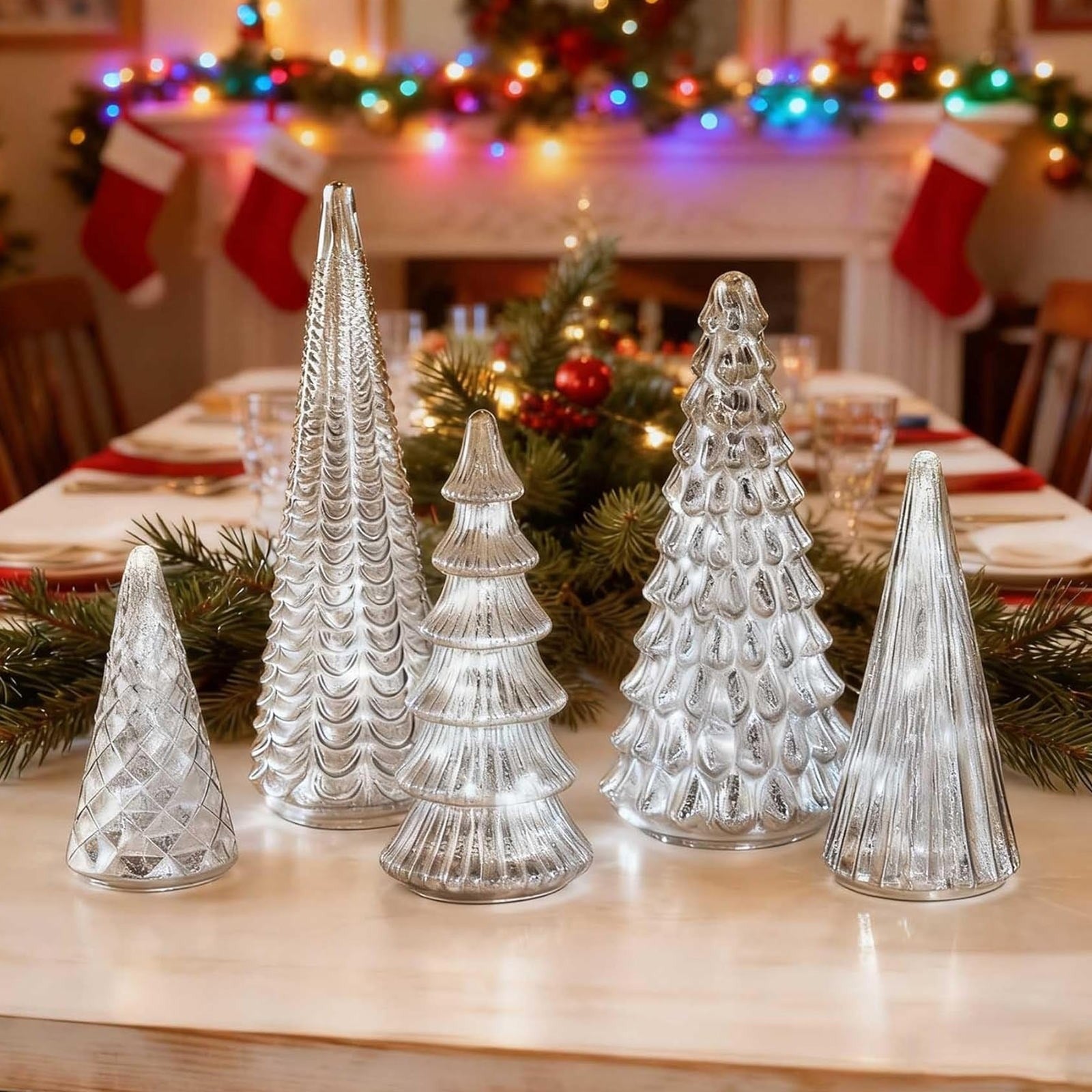 GlansPine LED Tannenset – 5-teiliges Silbernes Weihnachtsdekor mit Warmem Licht