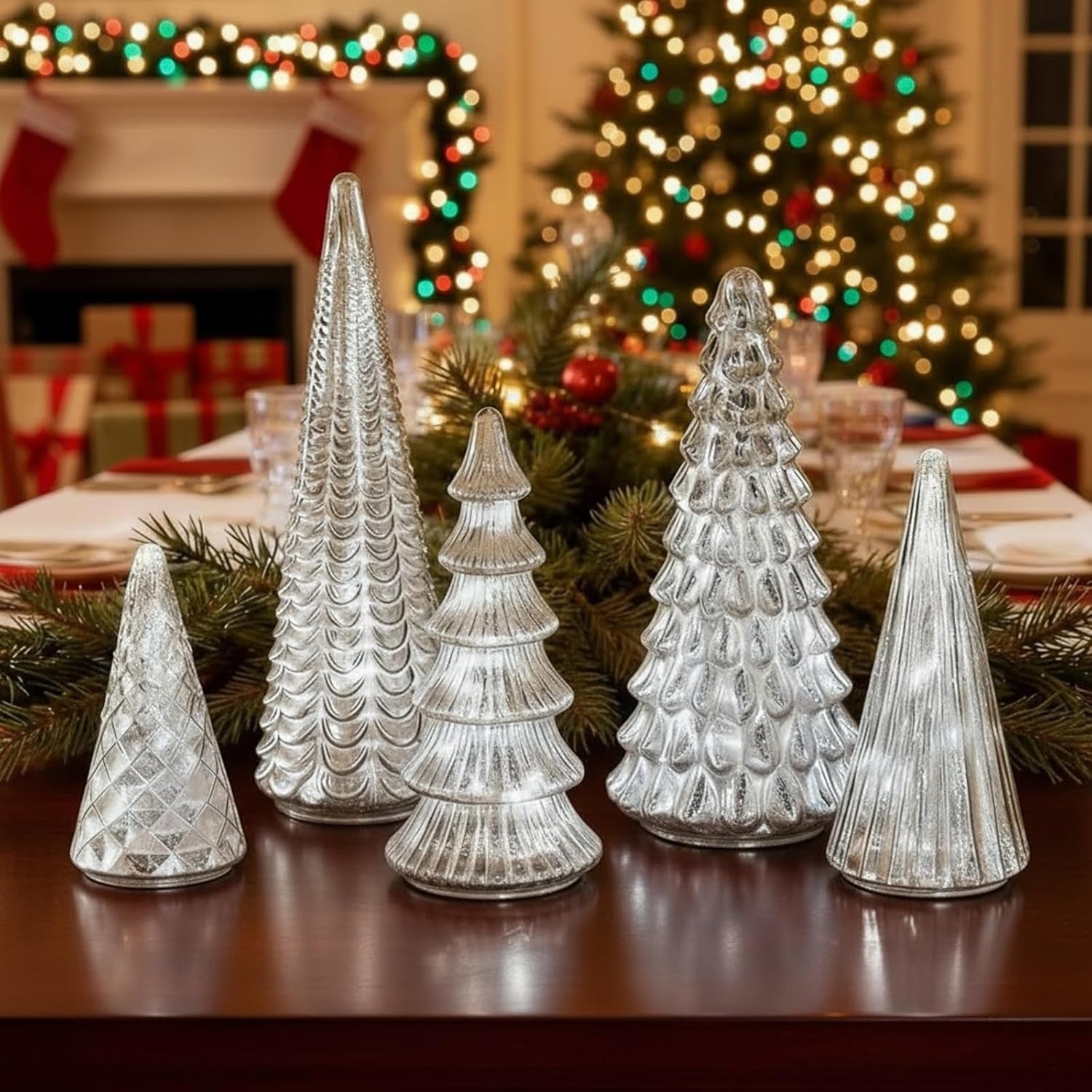 GlansPine LED Tannenset – 5-teiliges Silbernes Weihnachtsdekor mit Warmem Licht
