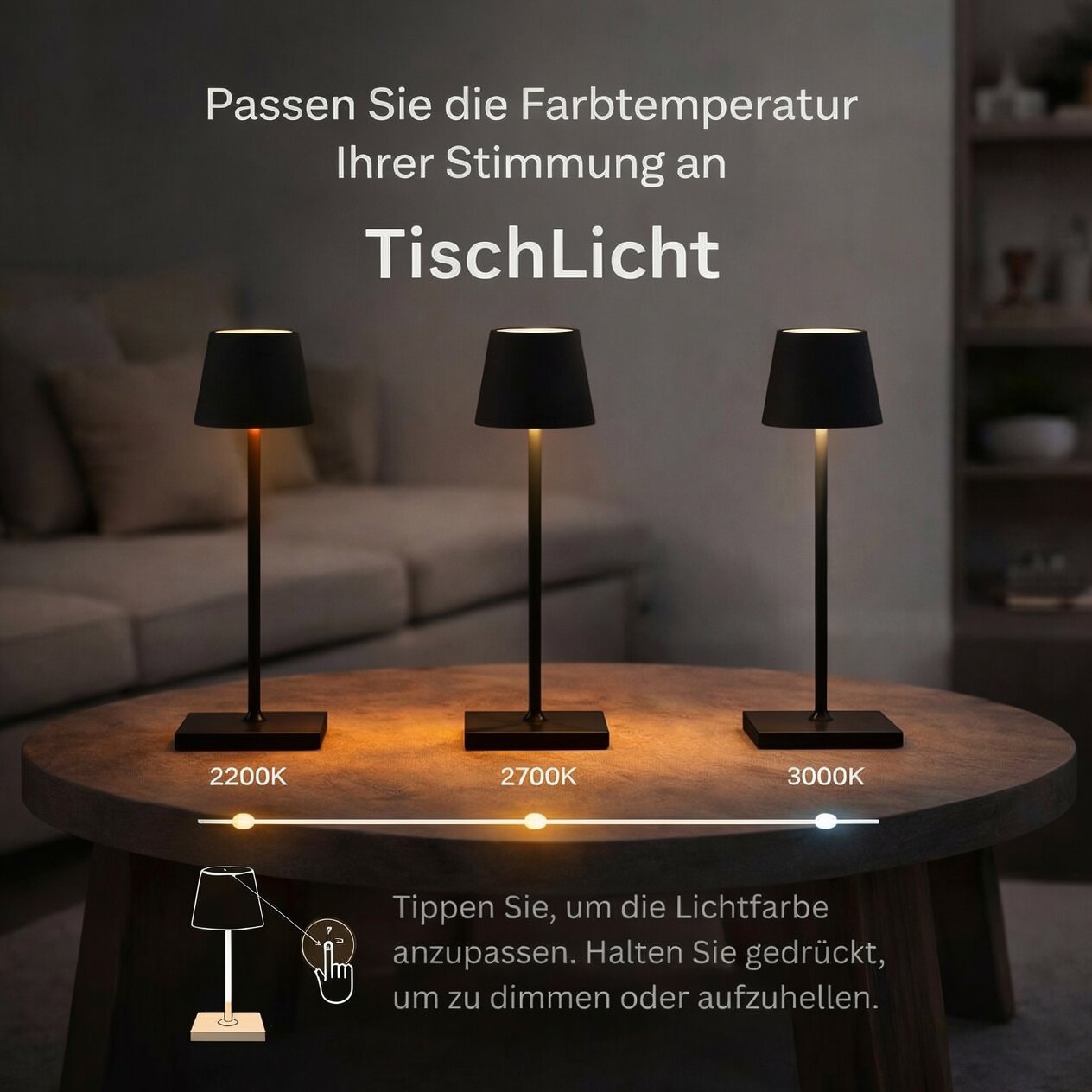 Drahtlose Tischlampe | Tischbeleuchtung mit Akku | TischLicht