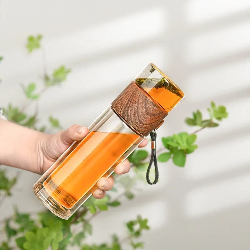 WoodGlass Thermo – Durchsichtige Tragbare Warmhaltflasche mit Teefilter für Gesunde Getränke Unterwegs