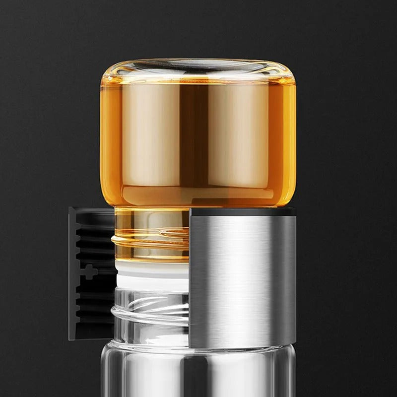 WoodGlass Thermo – Durchsichtige Tragbare Warmhaltflasche mit Teefilter für Gesunde Getränke Unterwegs