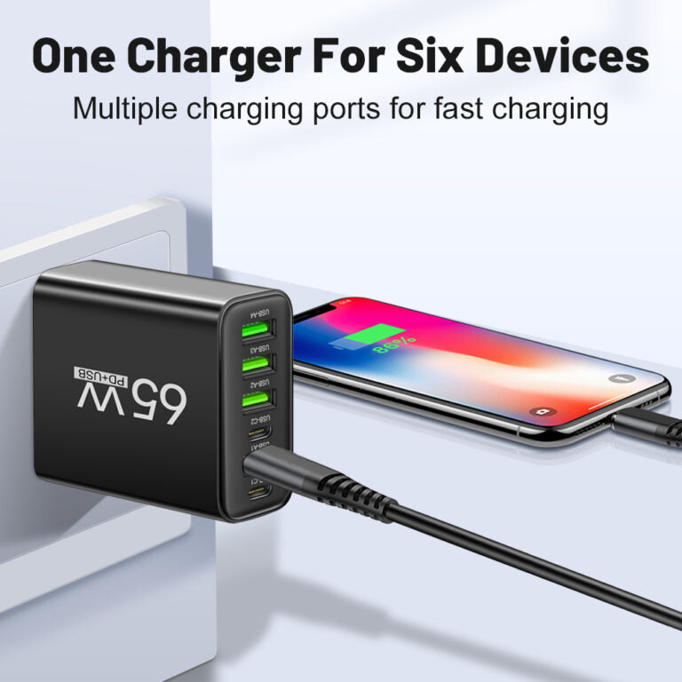 PowerMax 65W 6-in-1 Schnellladegerät – Lade Bis Zu 6 Geräte Gleichzeitig – Ideal Für Zuhause, Büro und Reisen