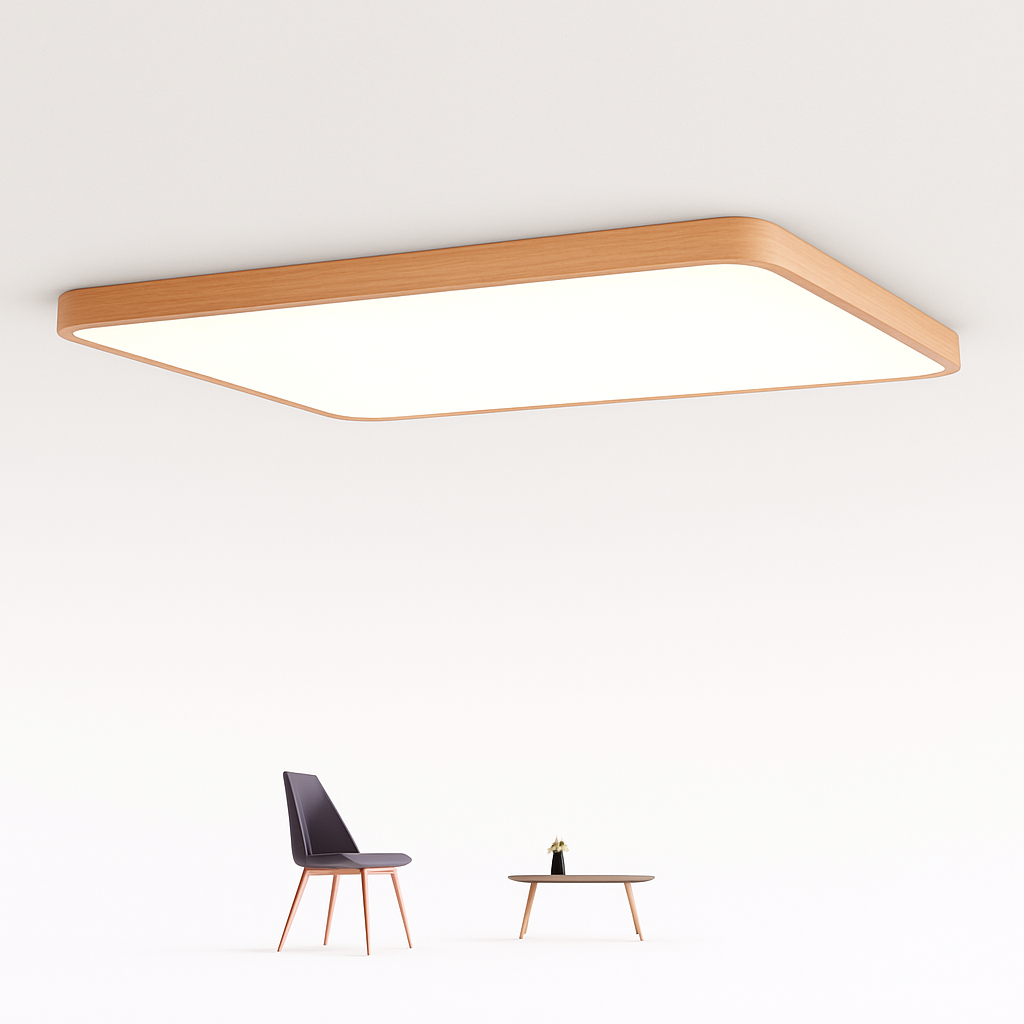 Rechteckige LED-Deckenleuchte mit abgerundeten Kanten aus Holz