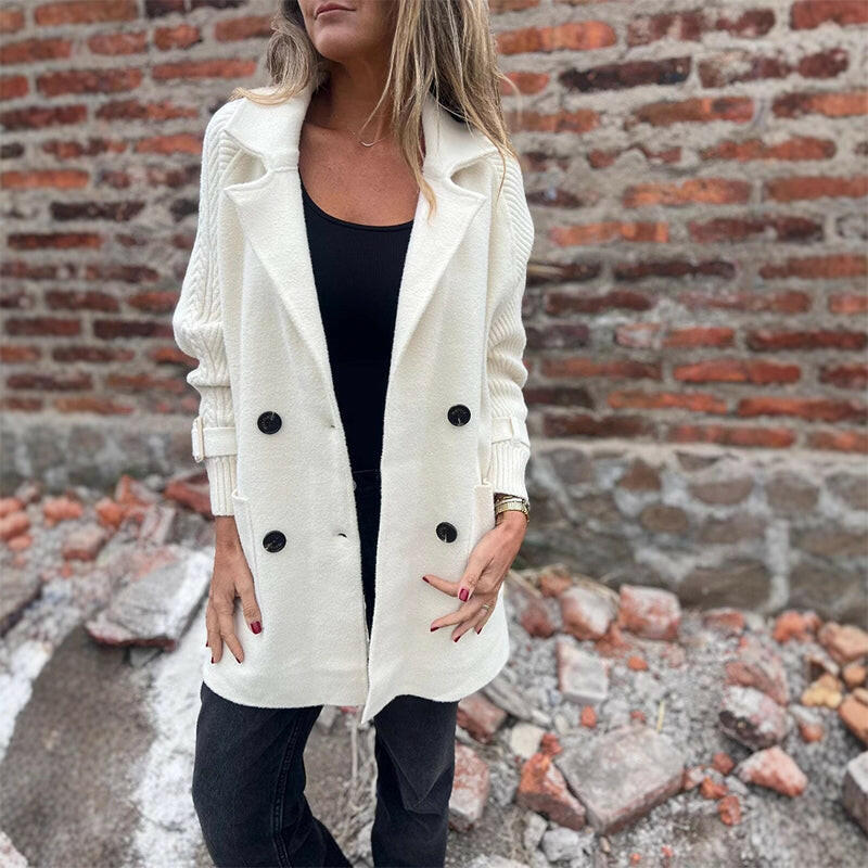 ChillAura | Damen Stylische Mid-Lange Doppelknopf-Jacke mit Revers