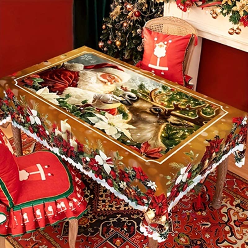 Weihnachtstischläufer mit Rentieren und Schneemännern – Nachhaltige Polyester Tischdecken Modell PineGlow