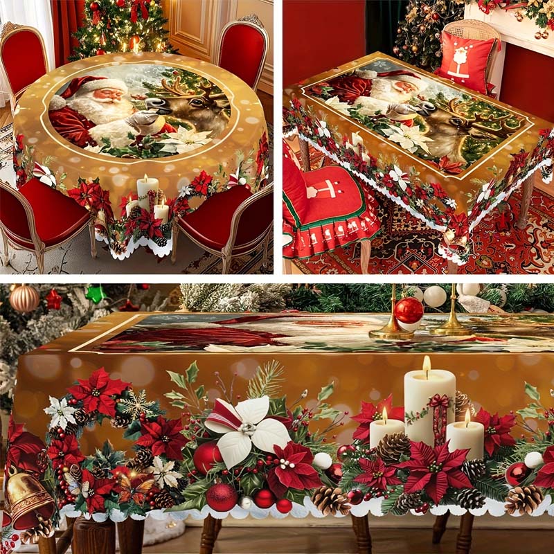 Weihnachtstischläufer mit Rentieren und Schneemännern – Nachhaltige Polyester Tischdecken Modell PineGlow