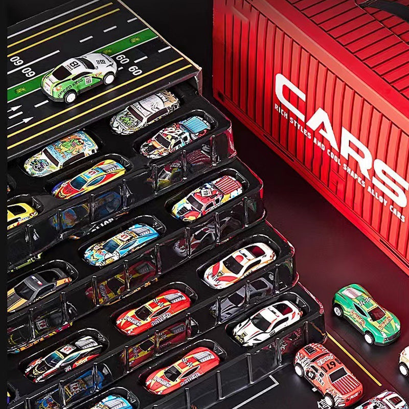 MiniGarage | 48 Mini Retro Autos mit Integrierter Garage für Kinder