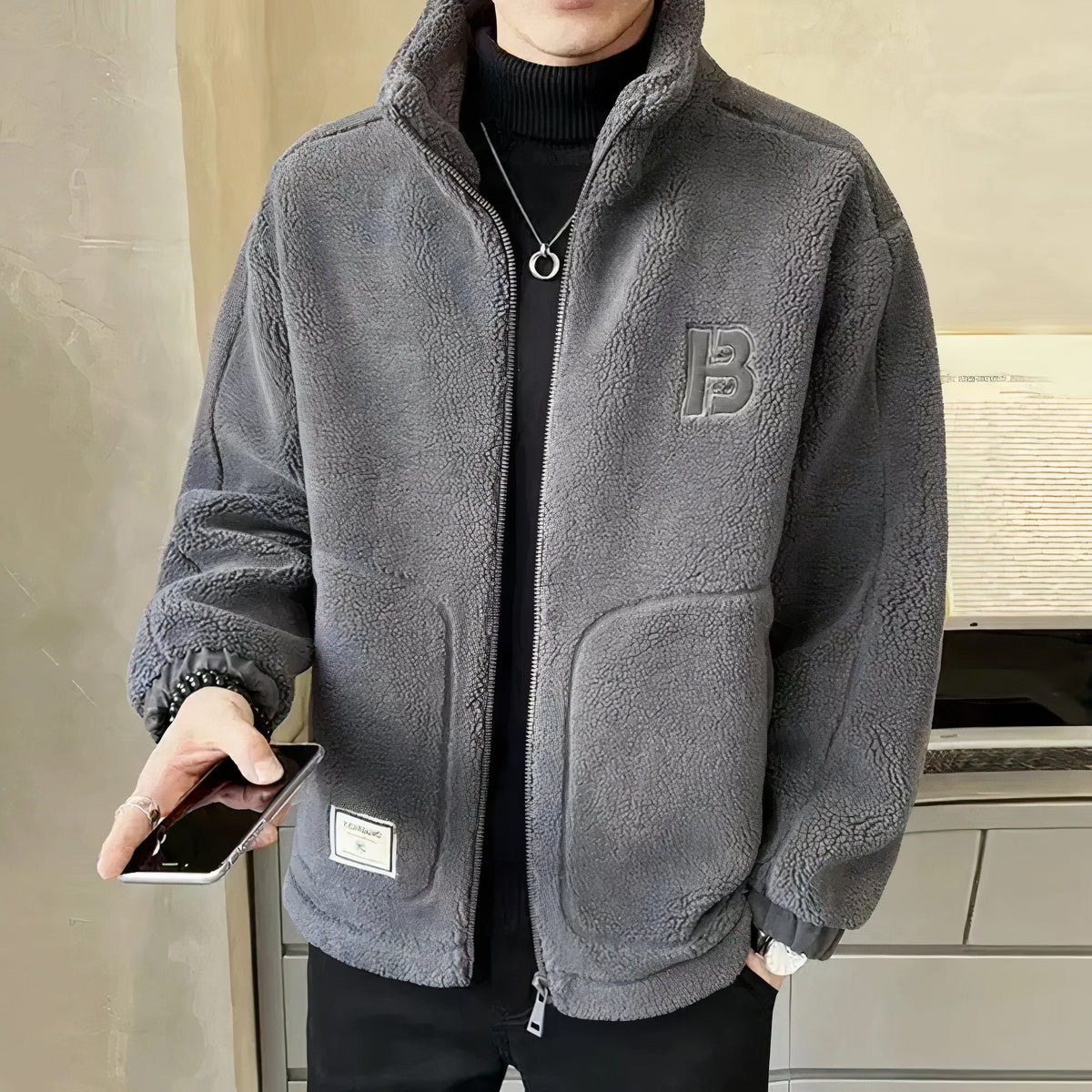Herren Fleece-Jacke mit Hohem Kragen