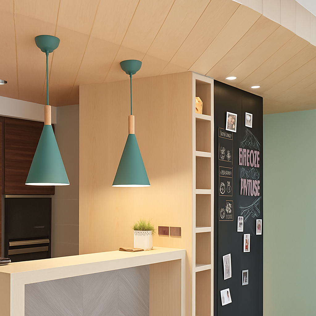 Farbige konische Metallpendelleuchte mit Holzstange Bar