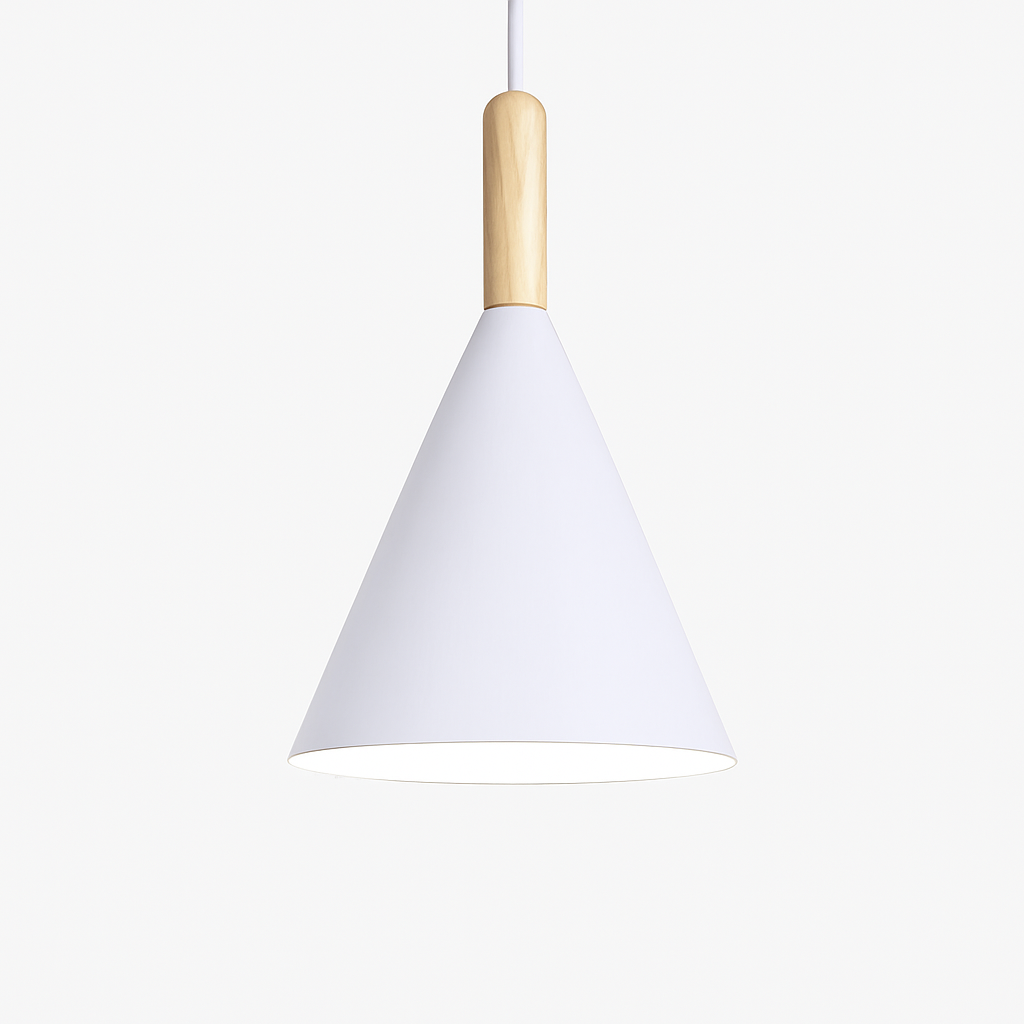 Farbige konische Metallpendelleuchte mit Holzstange Bar