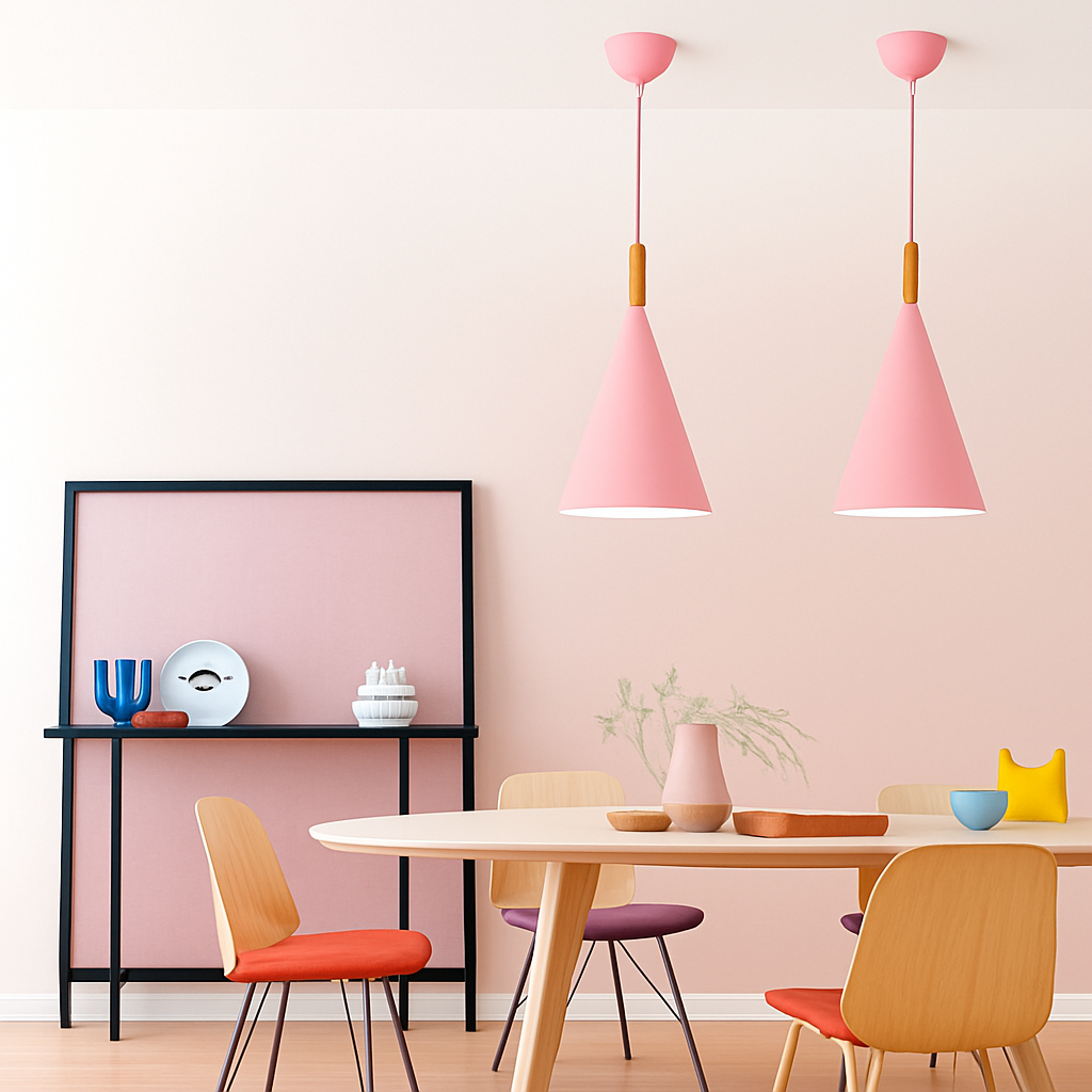 Farbige konische Metallpendelleuchte mit Holzstange Bar
