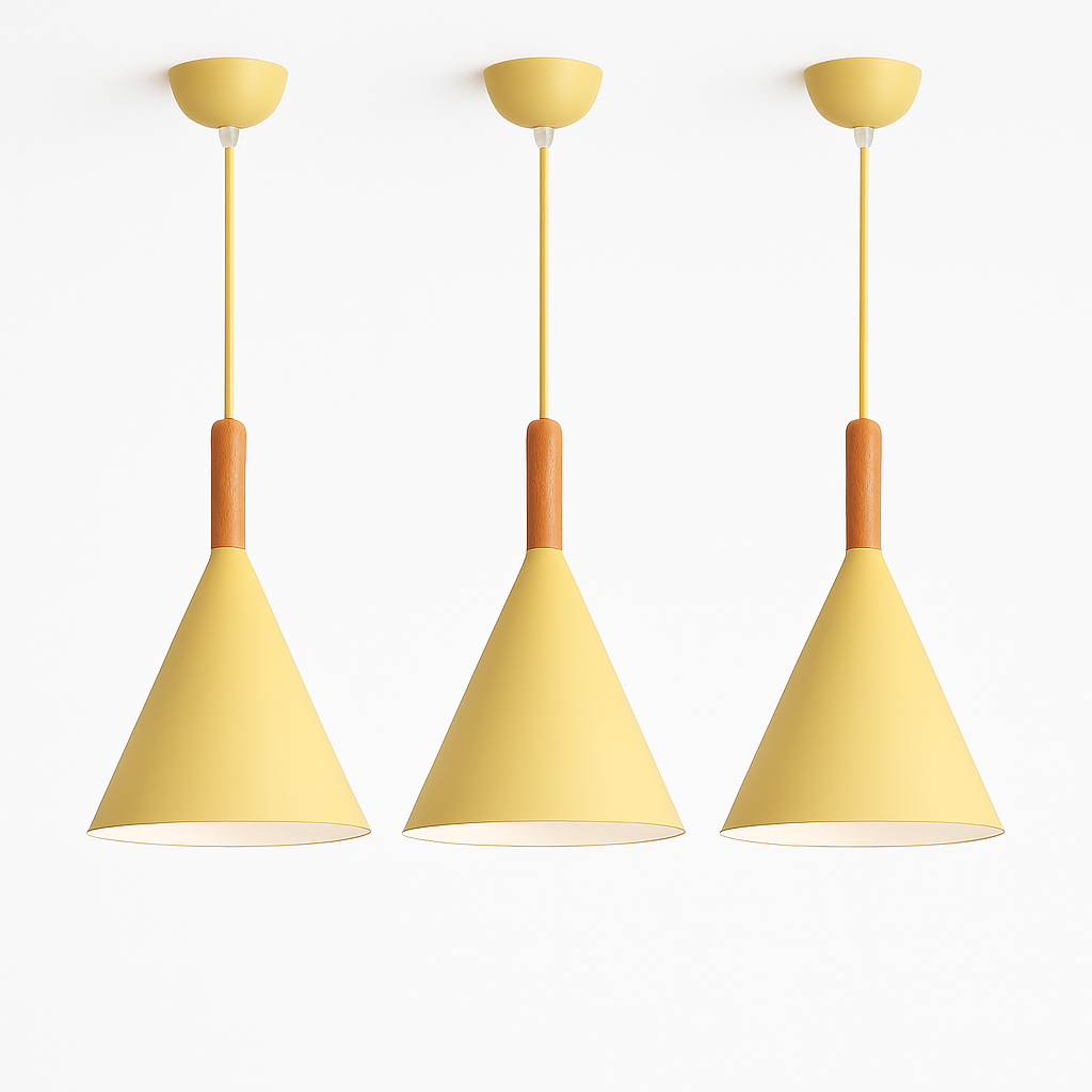 Farbige konische Metallpendelleuchte mit Holzstange Bar