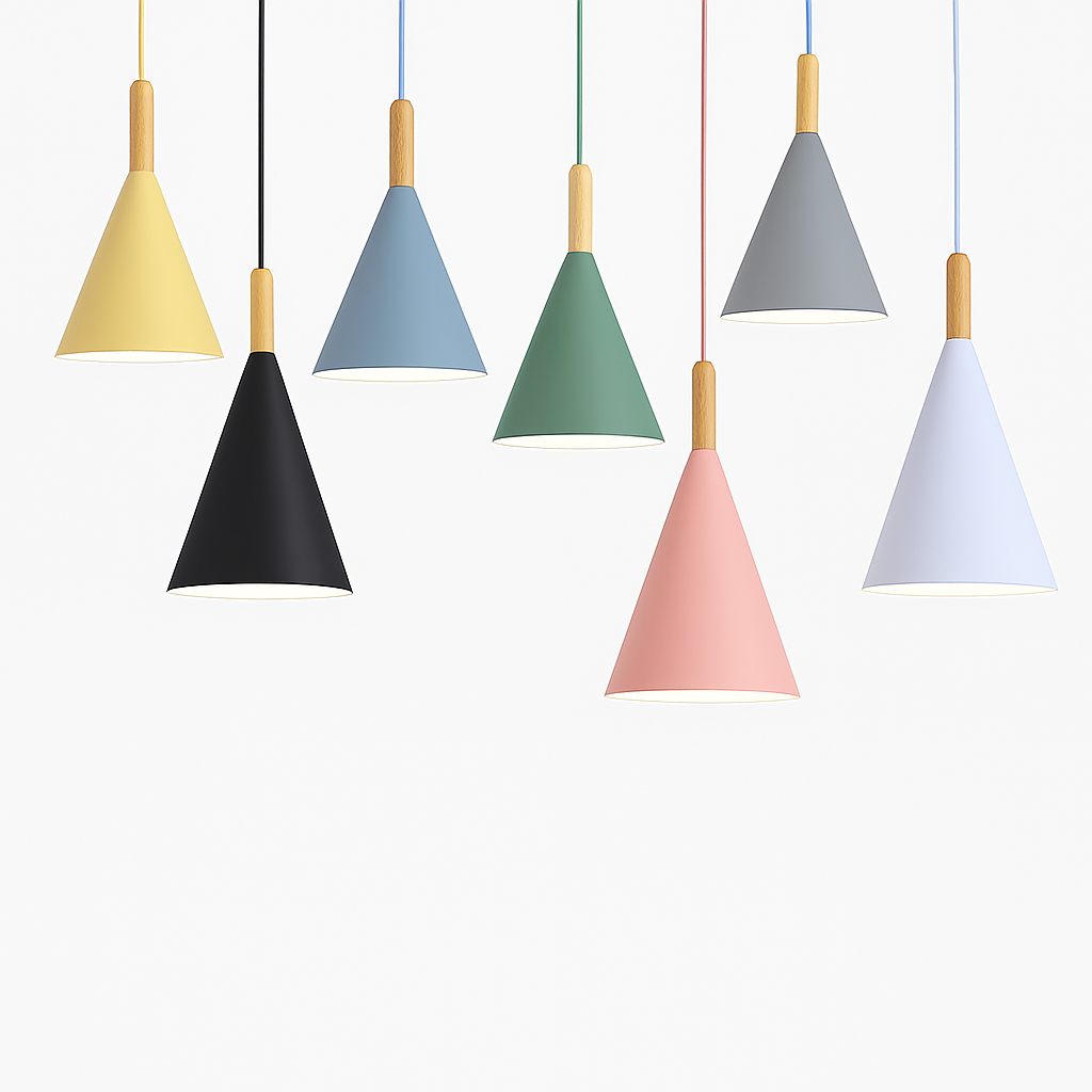 Farbige konische Metallpendelleuchte mit Holzstange Bar