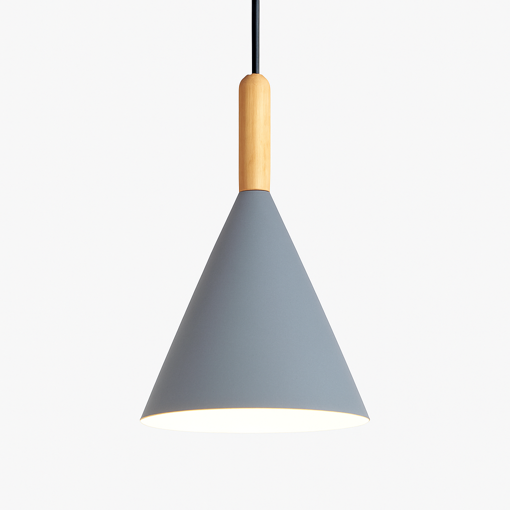 Farbige konische Metallpendelleuchte mit Holzstange Bar