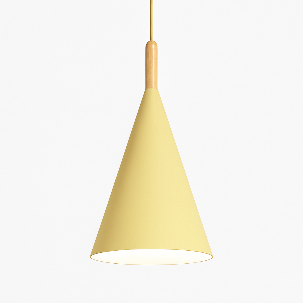 Farbige konische Metallpendelleuchte mit Holzstange Bar